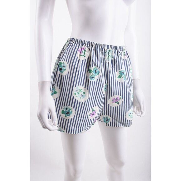 Vintage Womens PJ Pajama Shirt & Shorts Set M Blue White Striped Floral - Picture 10 of 13